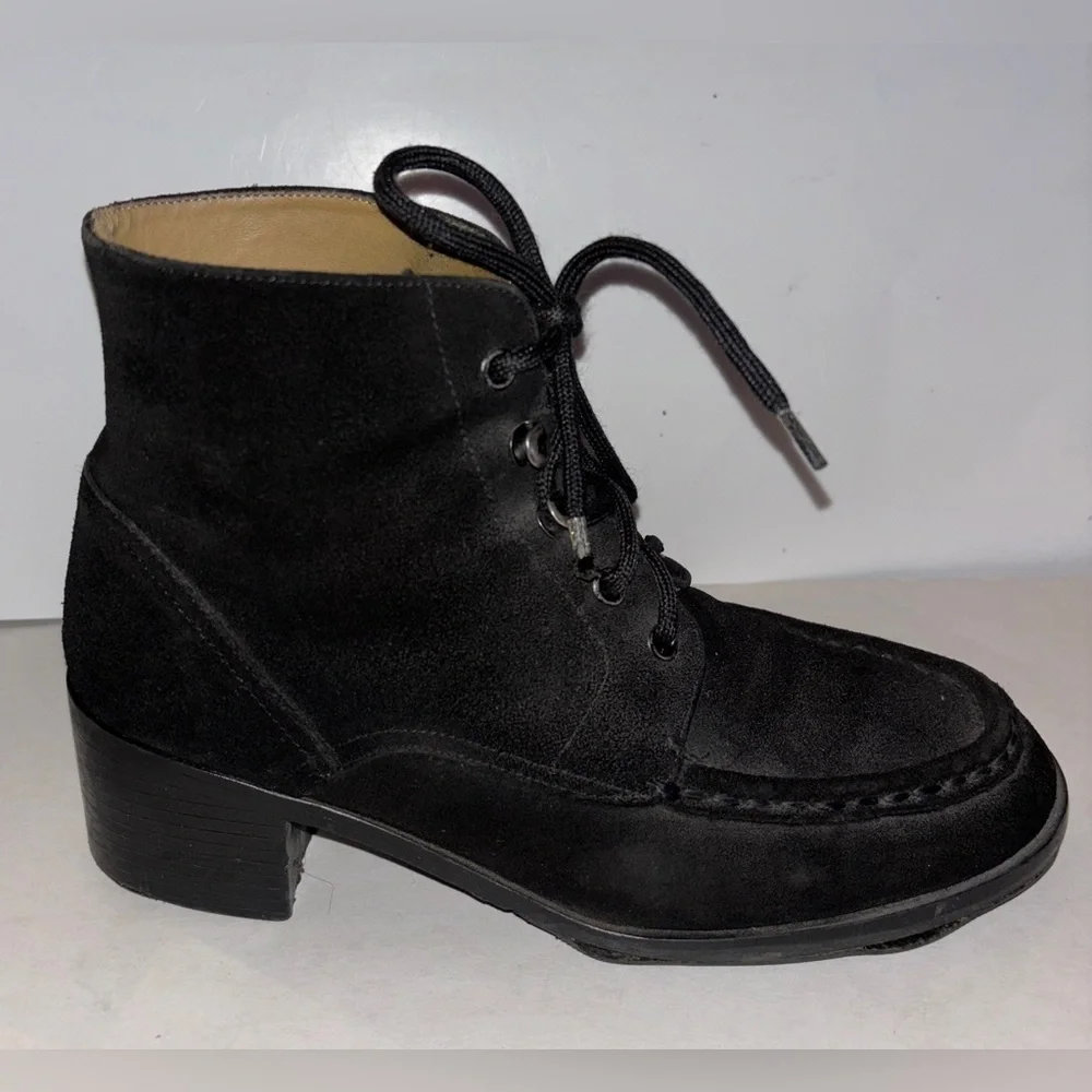 9 & Co Black Suede Lace-Up‎ Ankle Boots Women 7.5 Block Heel Moc Toe Outdoorwear